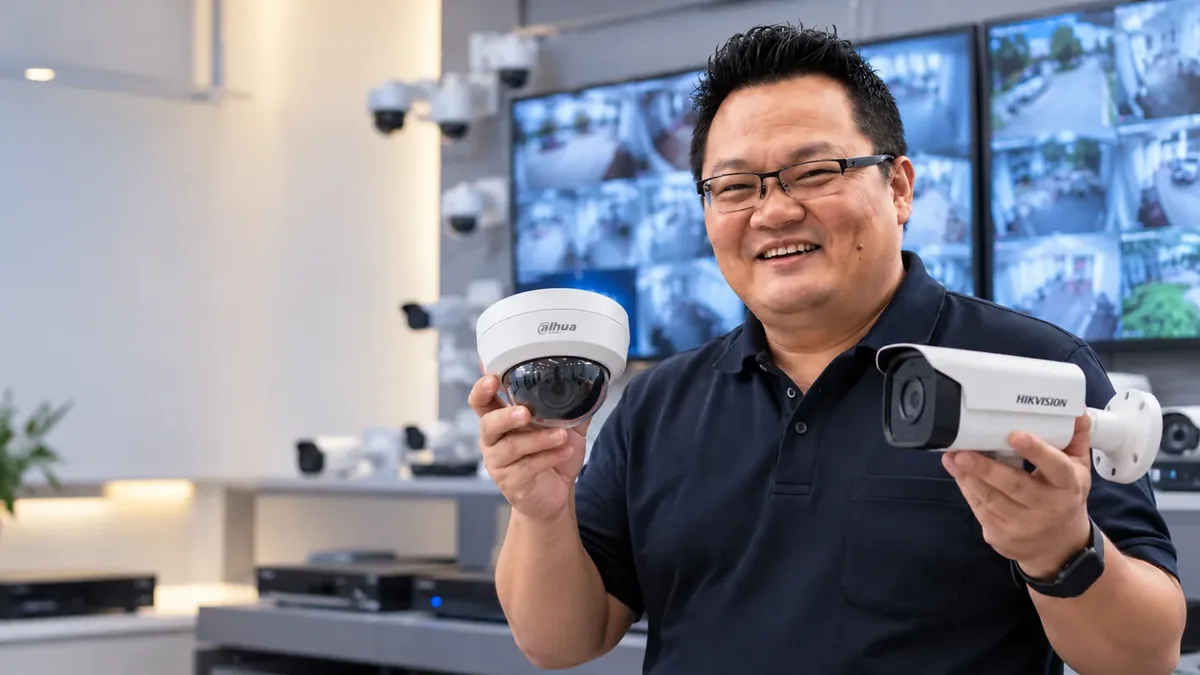 Pemilik Sukses Media Teknologi memegang kamera CCTV Dahua dan Hikvision di showroom CCTV